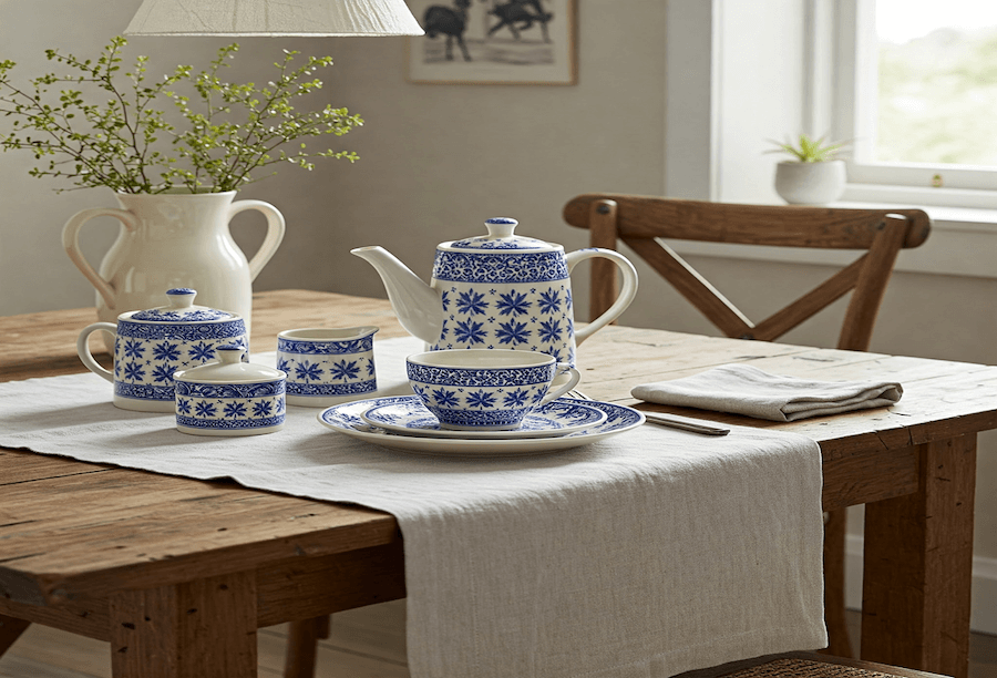 Biało-niebieskie zastawa porcelanowa na stole