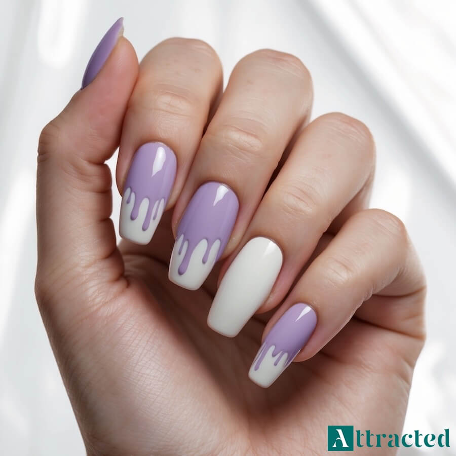 Liliowe weselne paznokcie z efektem "spływającej farby"