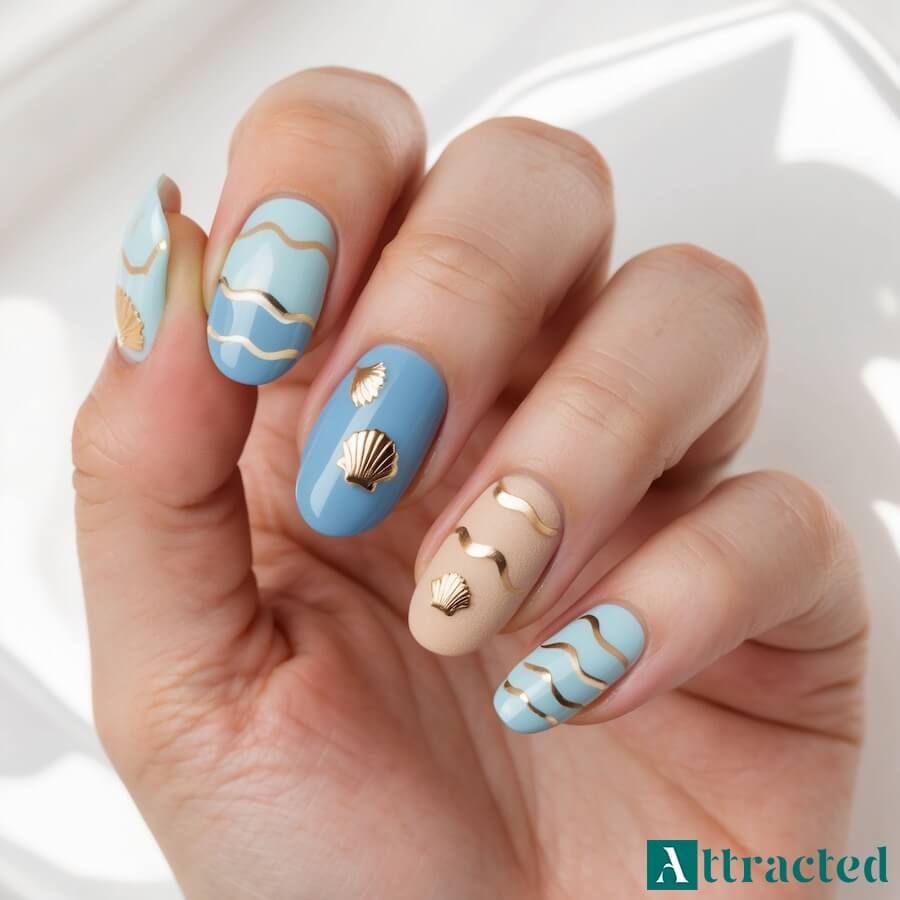 Paznokcie z morskimi inspiracjami na maj ze złotym akcentem