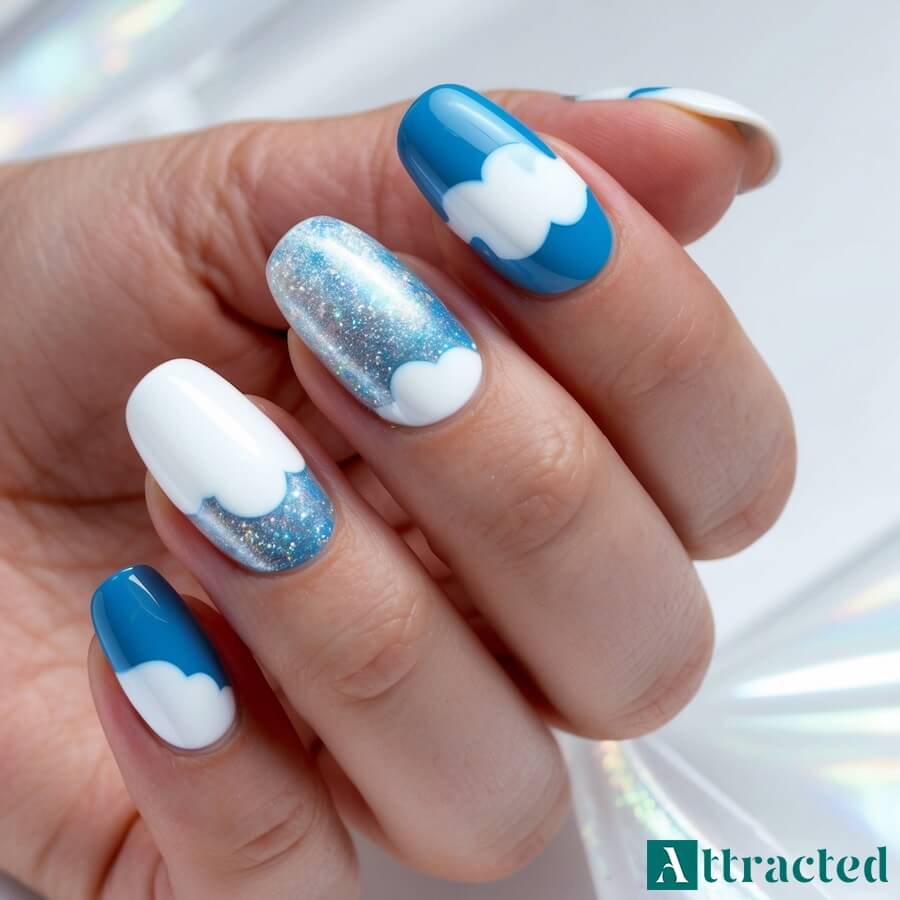 Paznokcie poetyckie chmury z brokatem