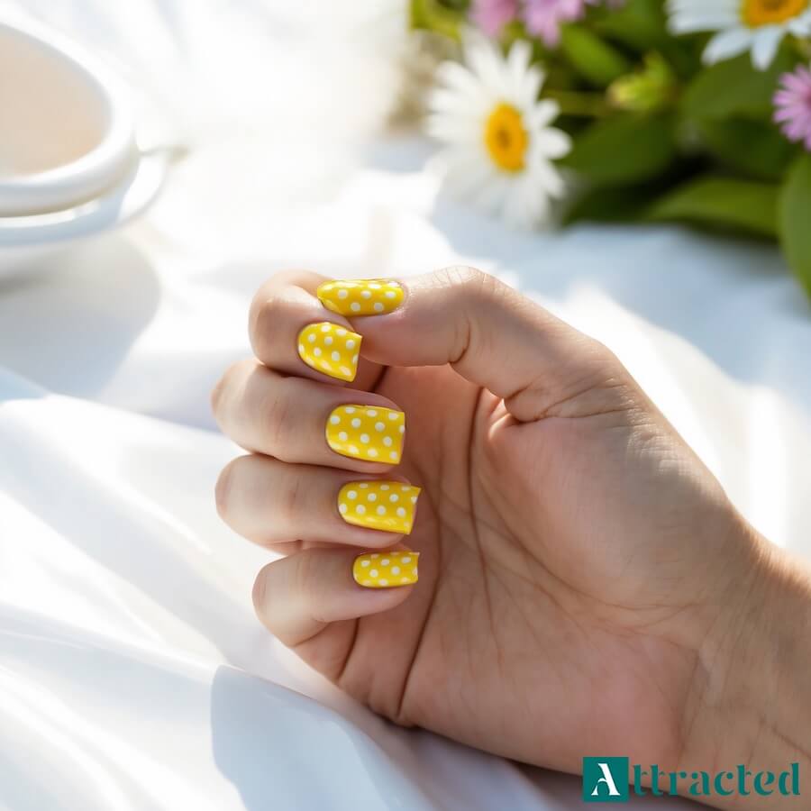 Żółte paznokcie z białymi kropkami