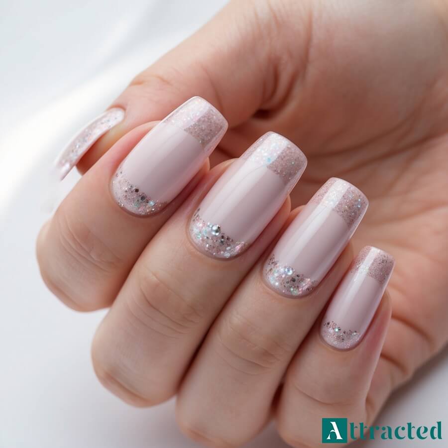 Nietypowe paznokcie baby boomer z brokatem