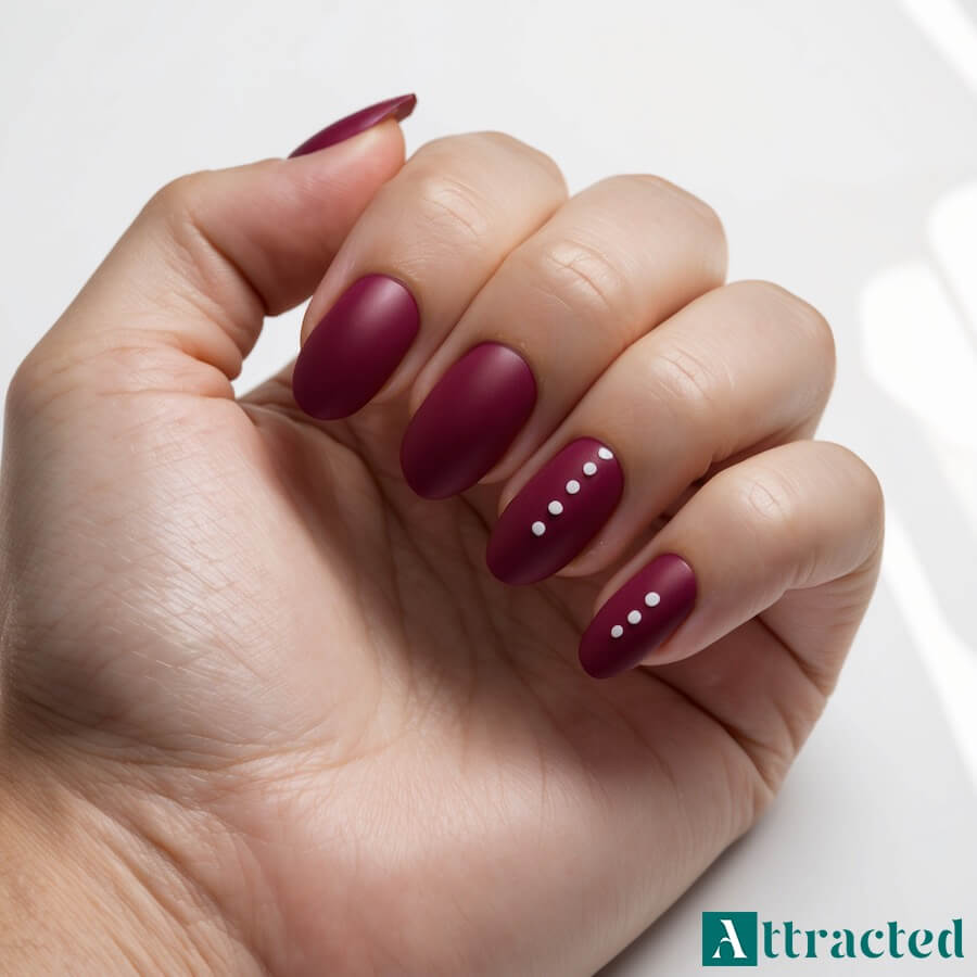Burgundowe paznokcie z białymi delikatnymi kropeczkami