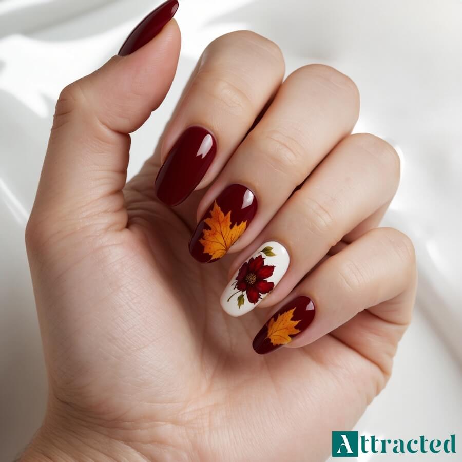 Ciemne czerwone paznokcie z białym i jesiennymi liśćmi
