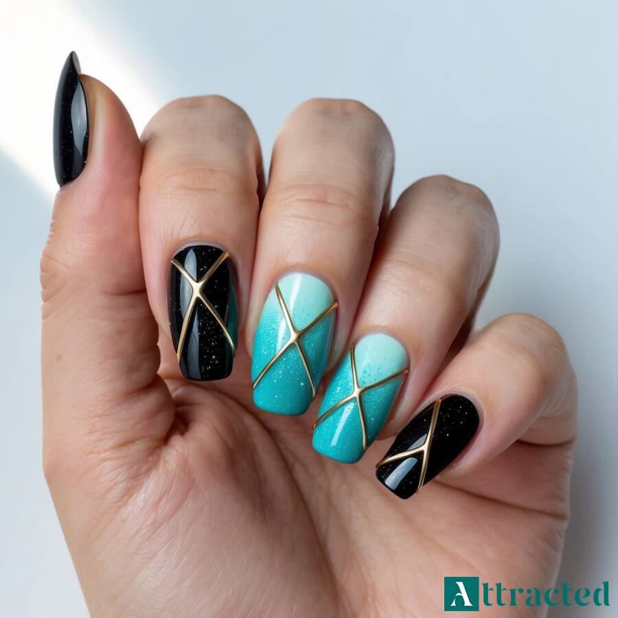 Czarne paznokcie z turkusowym na specjalne okazje