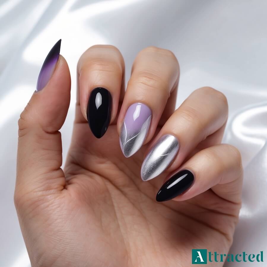 Czarny manicure z brokatem i metalicznym połyskiem