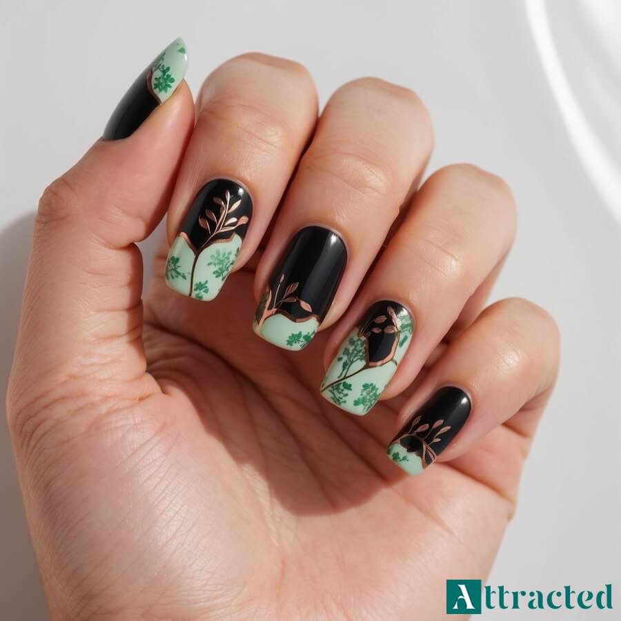 Krótkie czarne paznokcie z roślinnym akcentem