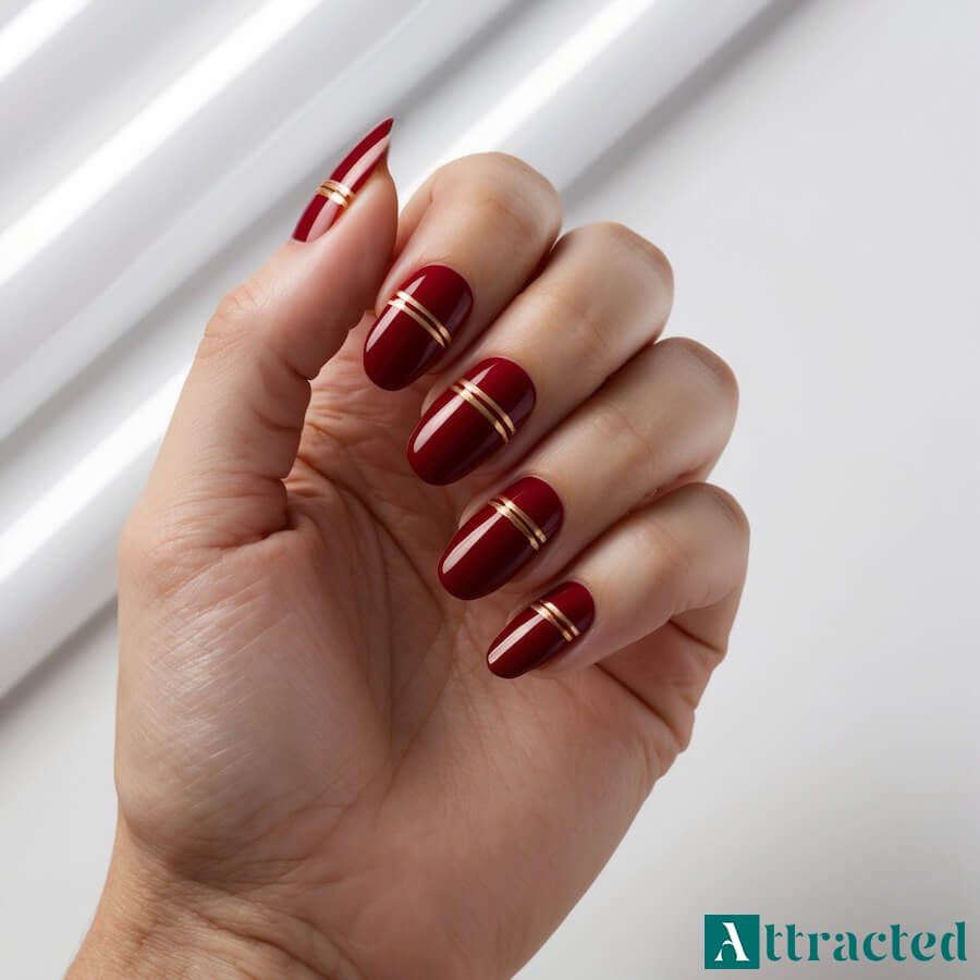 Piękne paznokcie ciemno-czerwone ze złotymi paskami