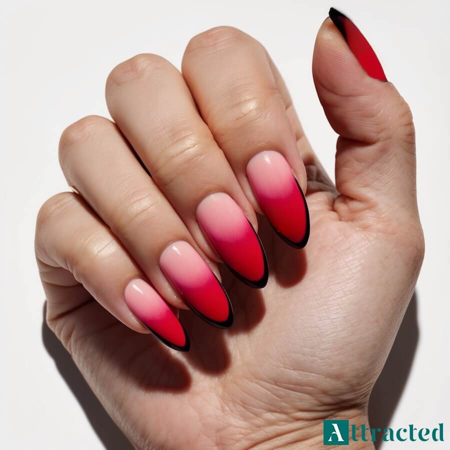 Czerwone białe ombre na paznokciach z czarnym french manicure