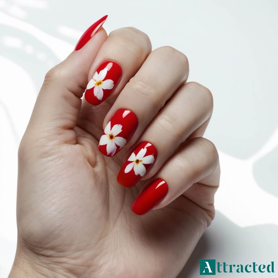 Czerwone piękne paznokcie z białymi kwiatami