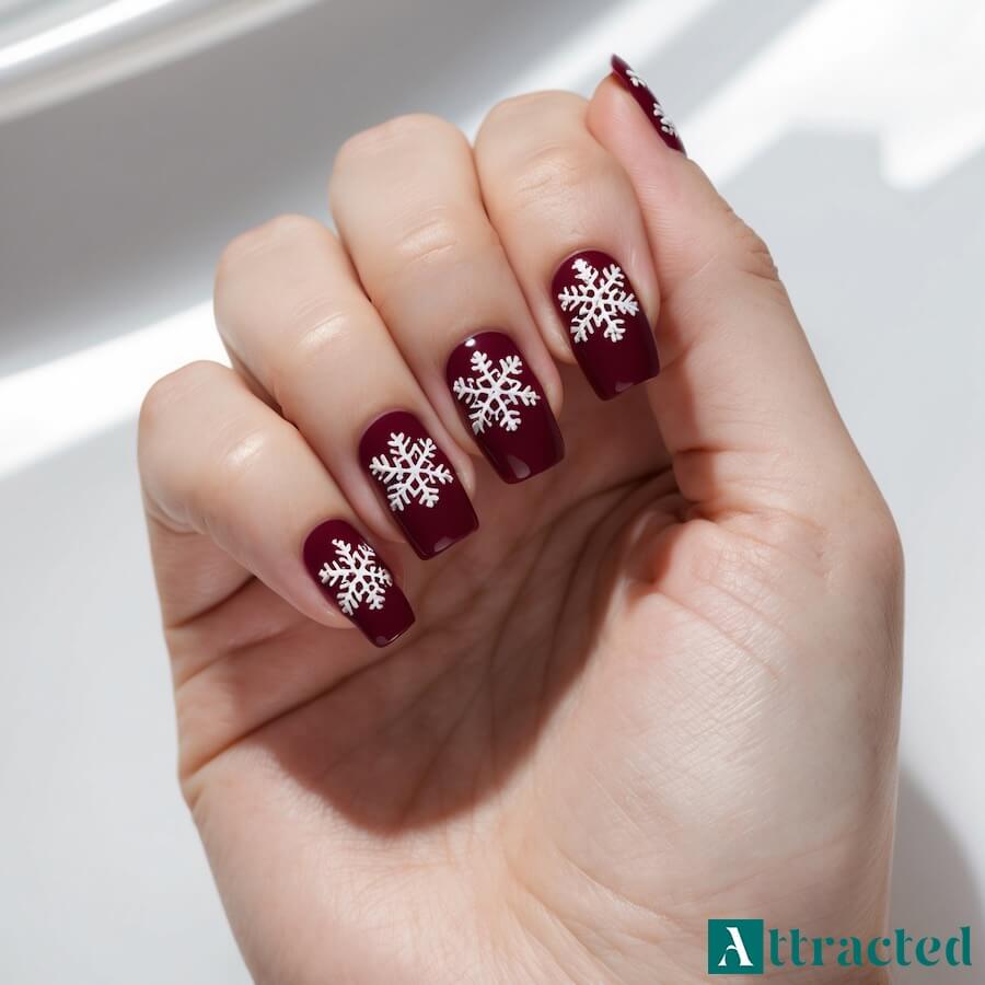 Ciemno czerwone paznokcie z białymi śnieżkami