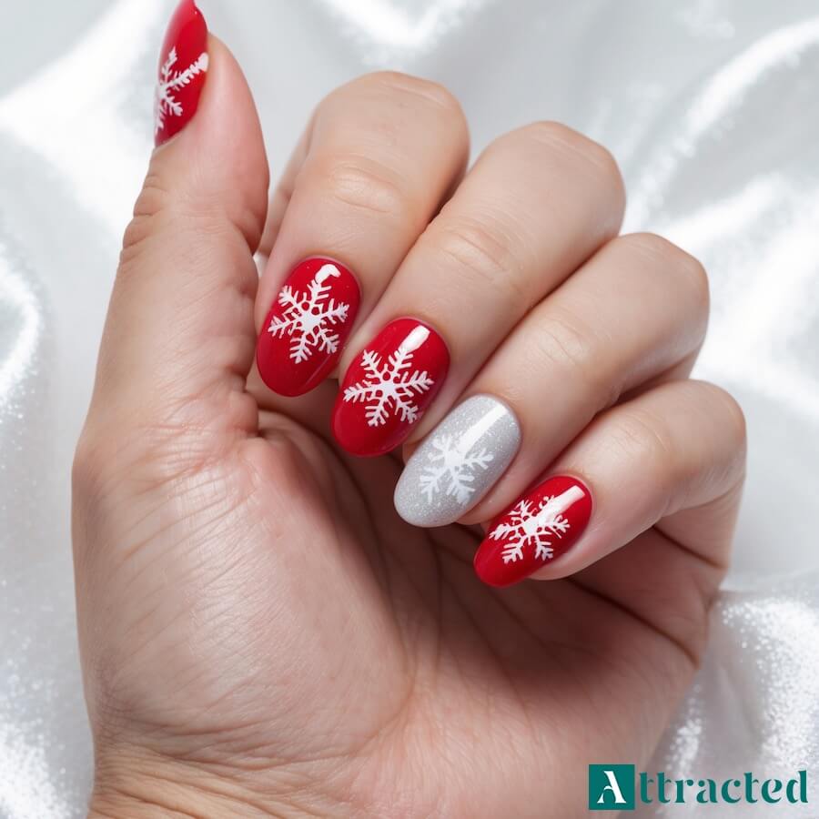 Czerwone i białe paznokcie ze śnieżynkami