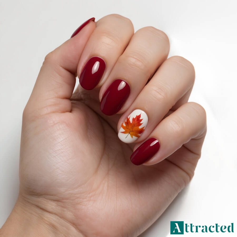 Ciemne czewone paznokcie z białym akcentem i jesiennym listkiem