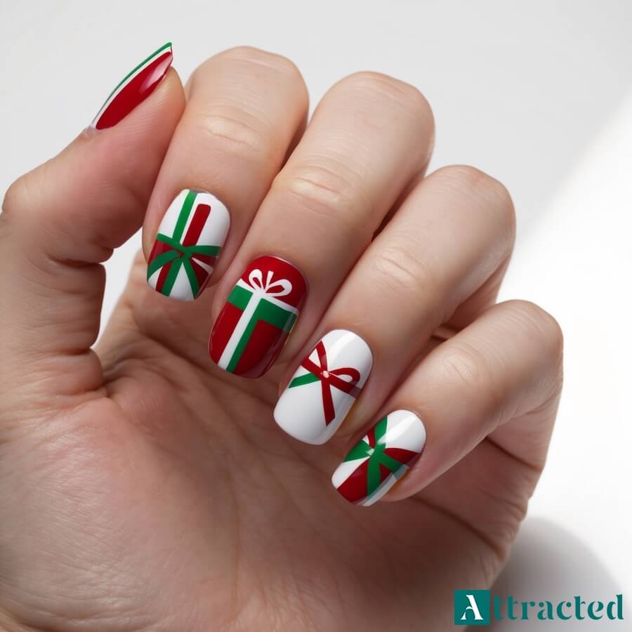 Czerwone paznokcie z motywem prezentów