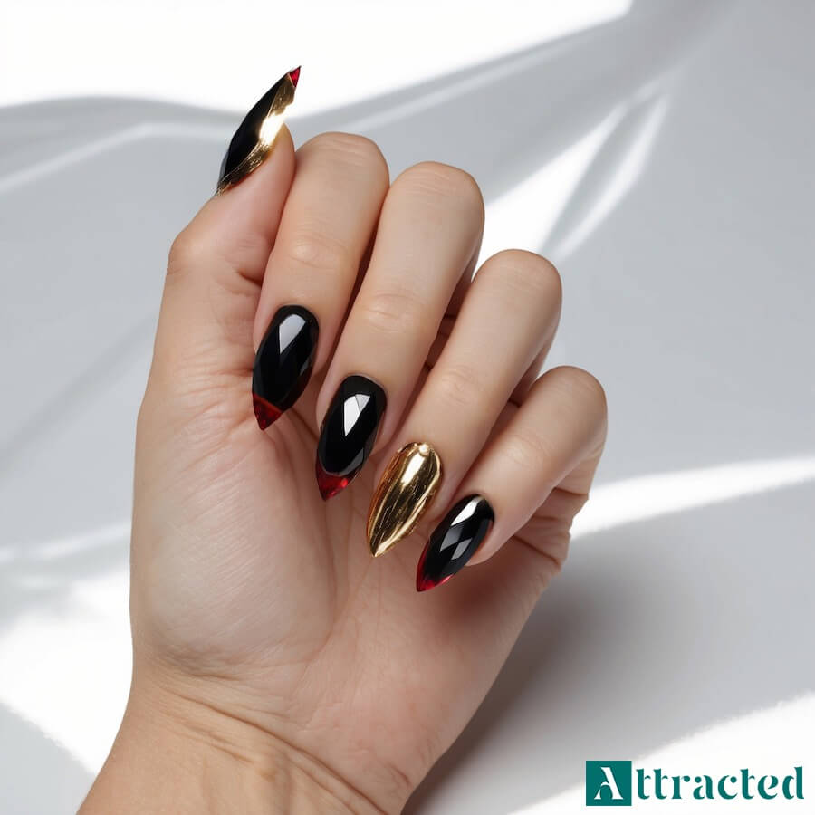 Długie czarne paznokcie ze złotym akcentem