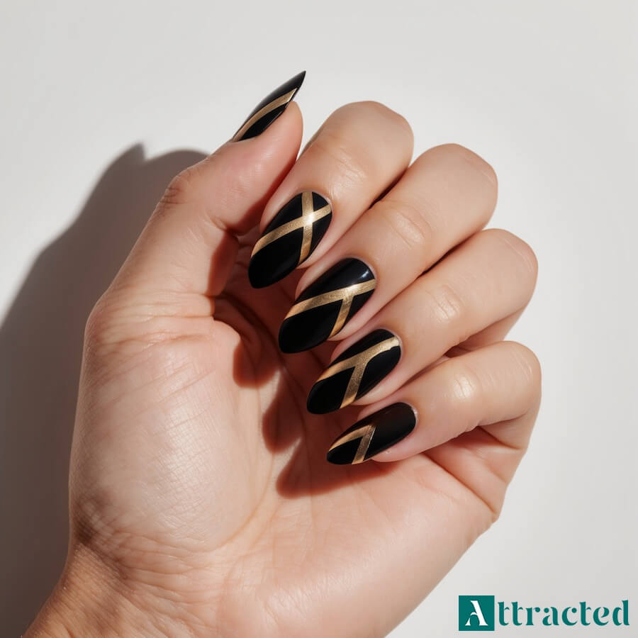 Czarne paznokcie z geometrycznymi i abstrakcyjnymi wzorami