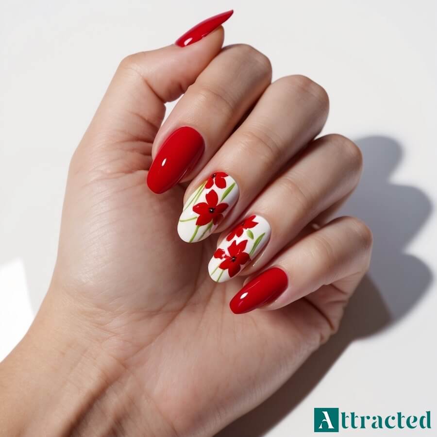 Paznokcie w kolorze czerwonym z akcentem kwiatowym