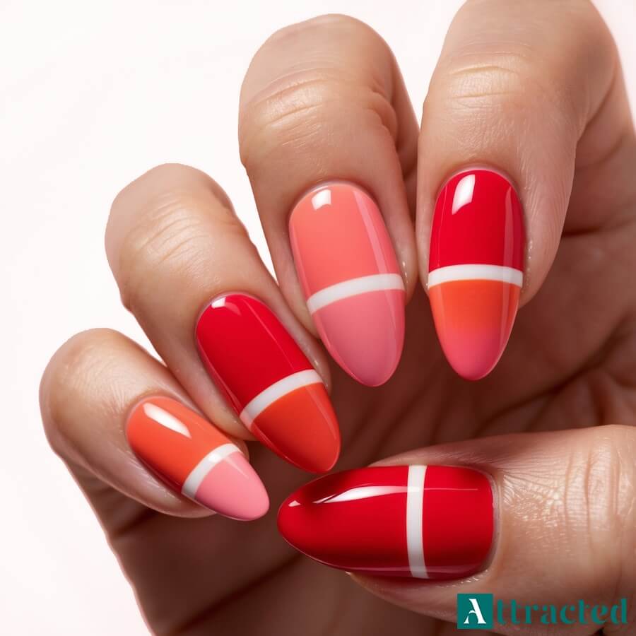 Jasne paznokcie z różnymi jasnościami czerwieni i białymi liniami