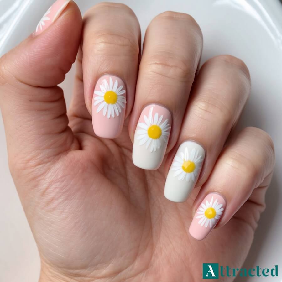 Wspaniałe paznokcie baby boomer z kwiatkiem stokrotka