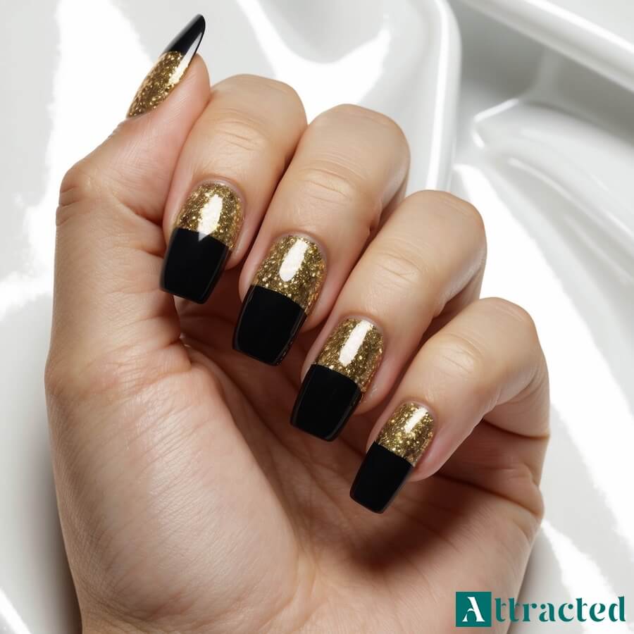 Paznokcie czarne ze złotymi akcentami