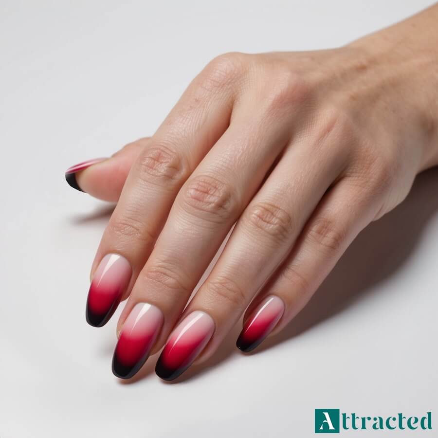 Paznokcie czerwone ombre z białego do czarnego, w postaci french tips