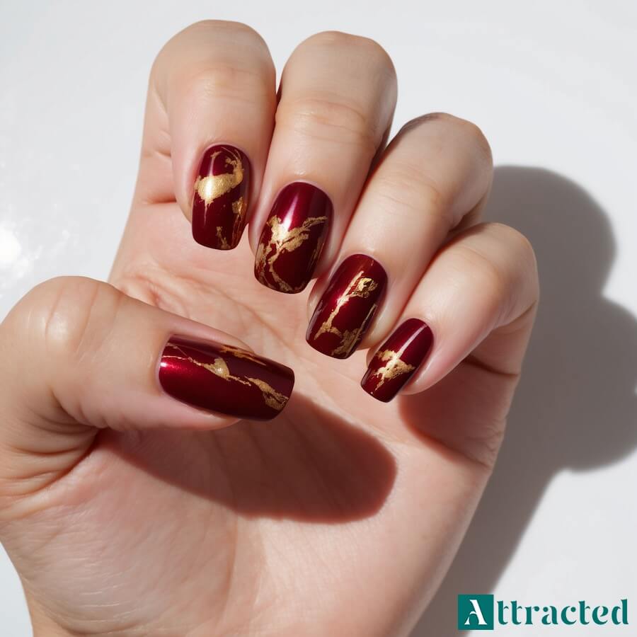 Burgundowe paznokcie ze złotą fanaberią