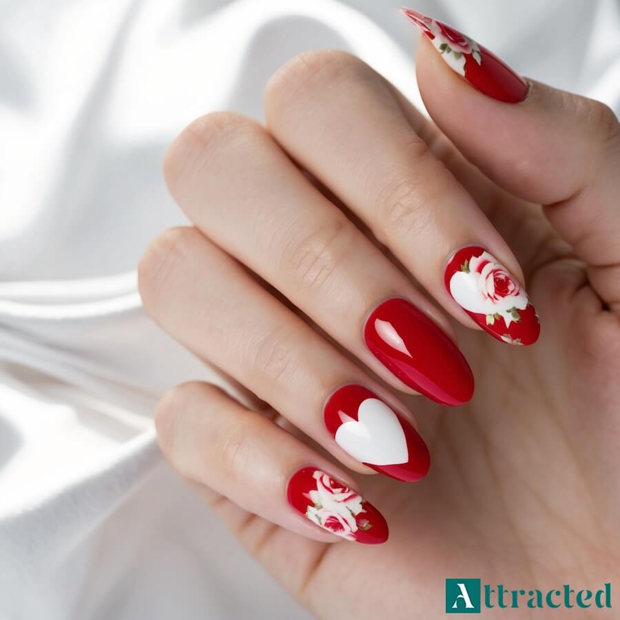 Paznokcie z serduszkami i kwiatami