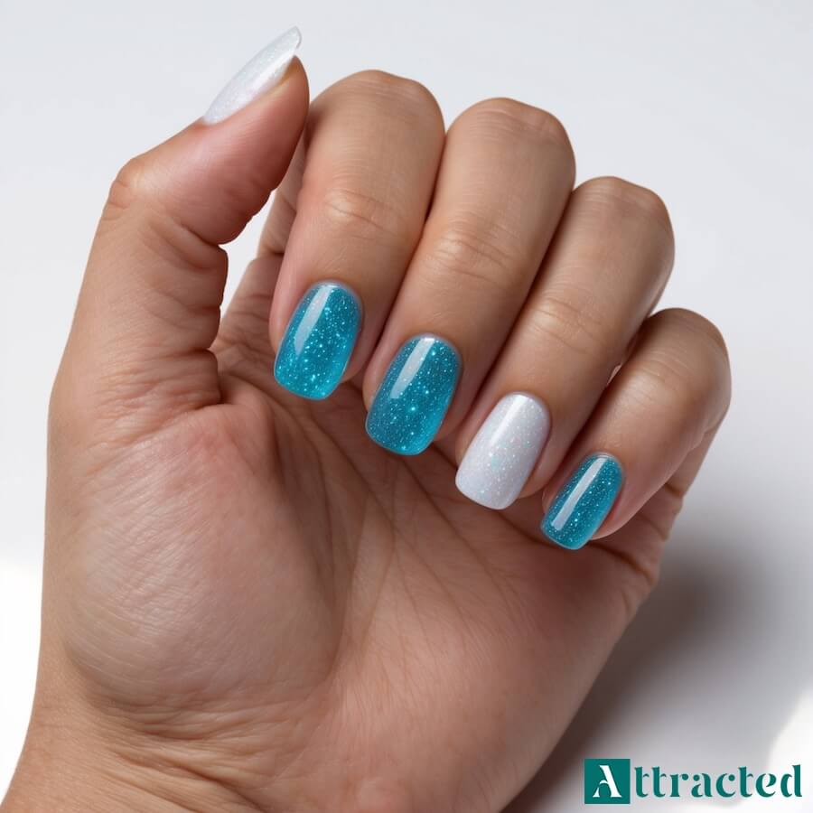 Paznokcie błękitne Jelly Nails z brokatem