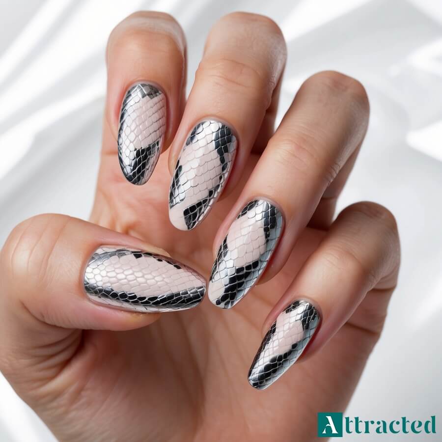 Ekstrawaganckie chrome snake nails na lato