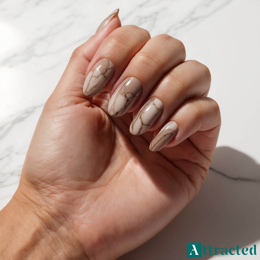 Paznokcie mocha mousse z jasnym marmurkowym efektem