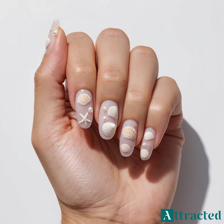 Paznokcie z motywem muszelek i pereł
