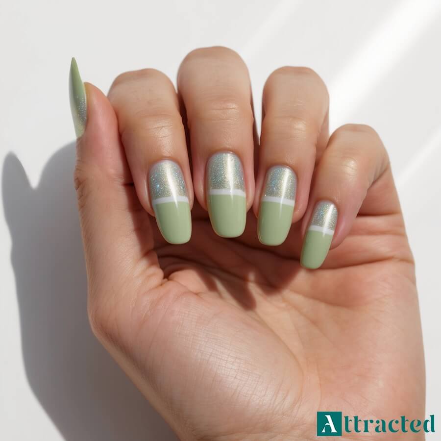 Pistacjowy french z brokatem