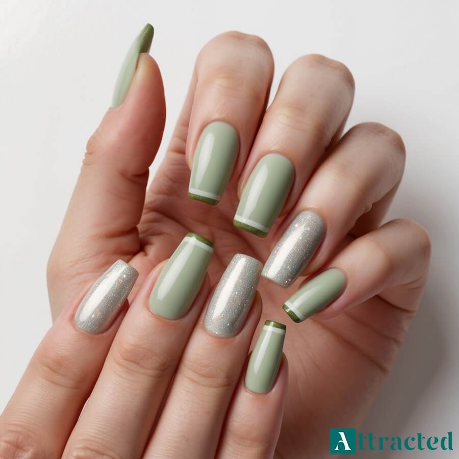 Pistacjowy french z mgiełką brokatu