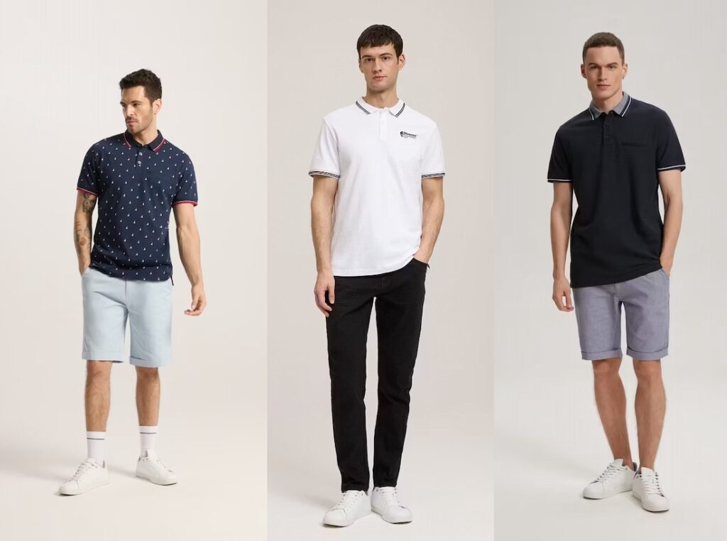 Stylizacje męskie z różnymi modelami koszulki polo