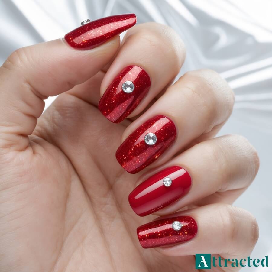 Błyszczące czerwone paznokcie z cyrkoniami