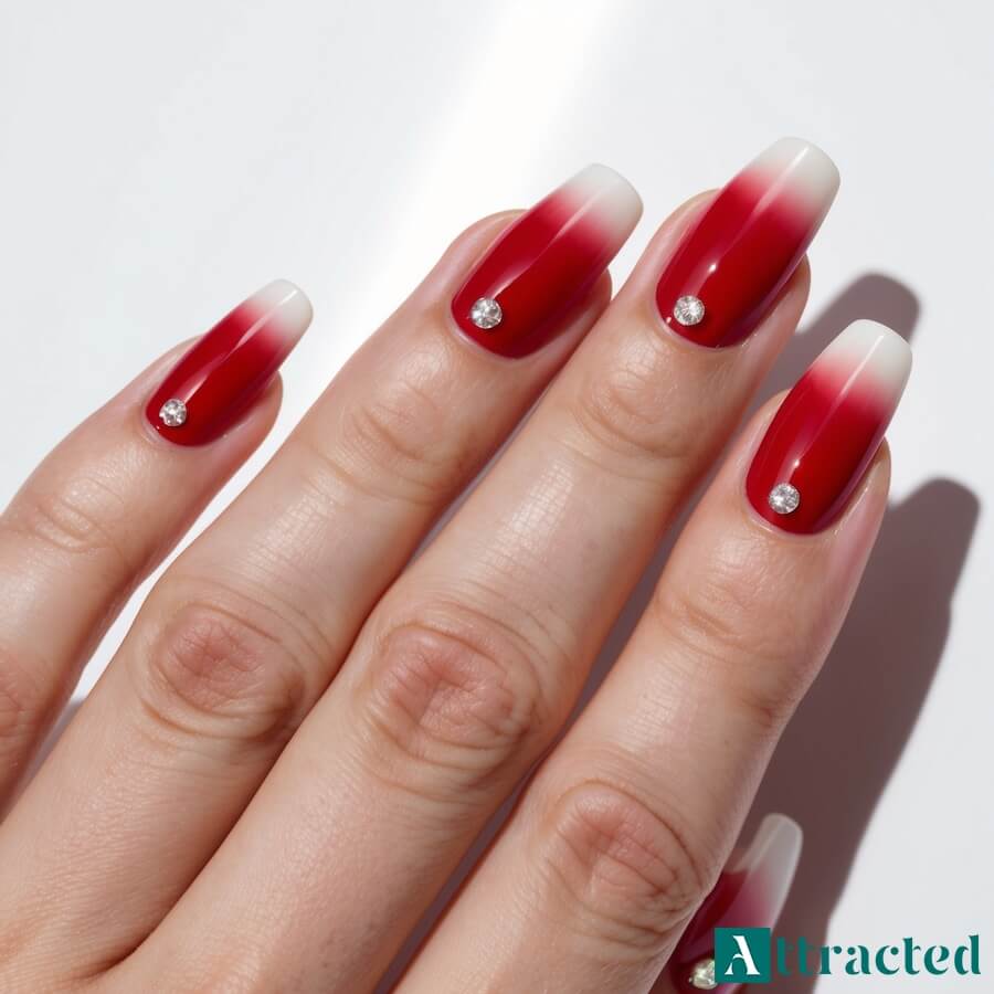 Jasne czerwone ombre na paznokciach z cyrkoniami