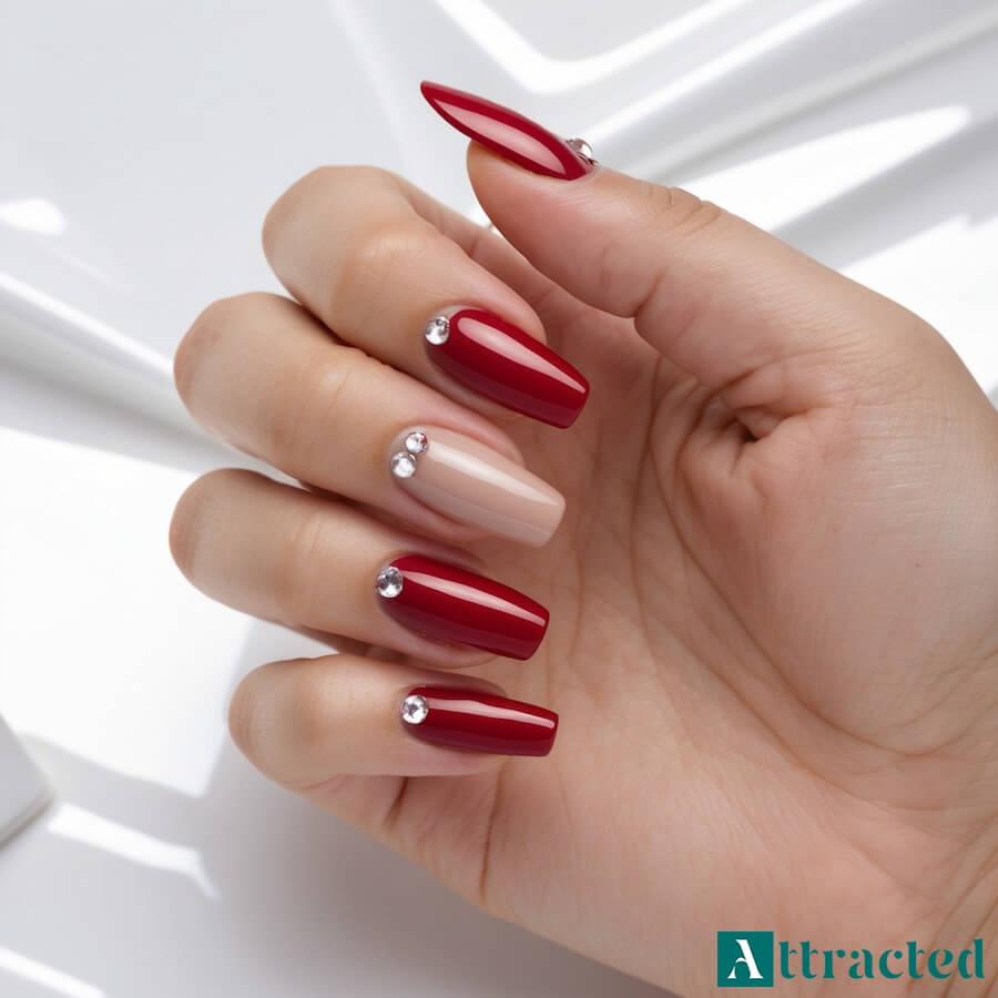 Czerwono-beżowe paznokcie z cyrkoniami