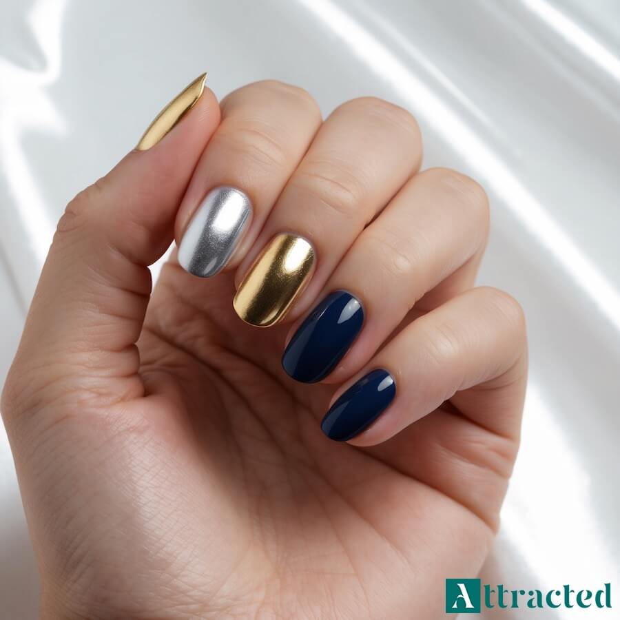 Granatowe paznokcie ze srebrem i złotem