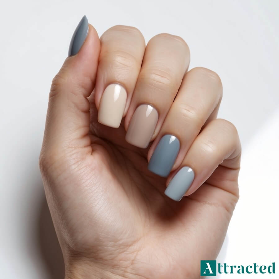 Paznokcie z kremowym beżem i szarym niebieskim