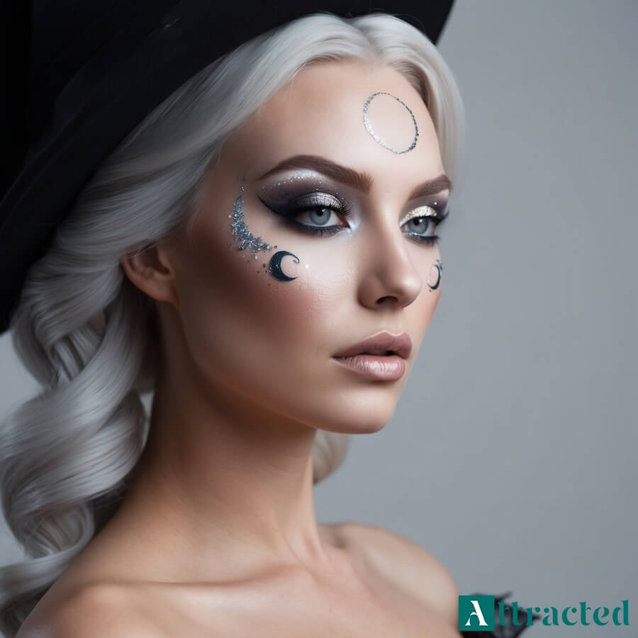 Make-up wiedźmy z magicznymi symbolami i wzorami