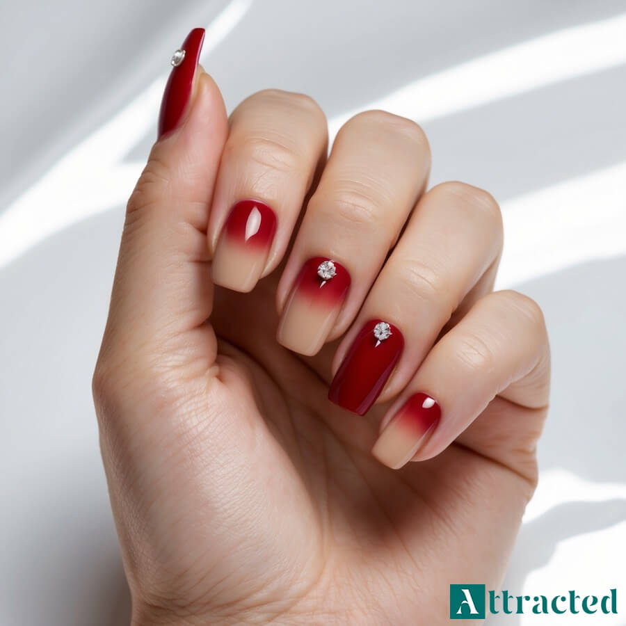 Delikatne czerwone paznokcie z cyrkoniami