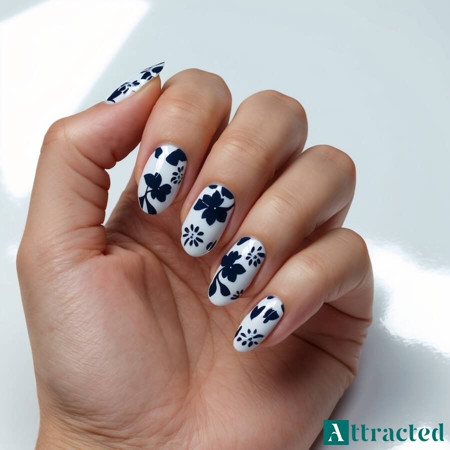 Granatowe paznokcie z kwiatami jako wzory