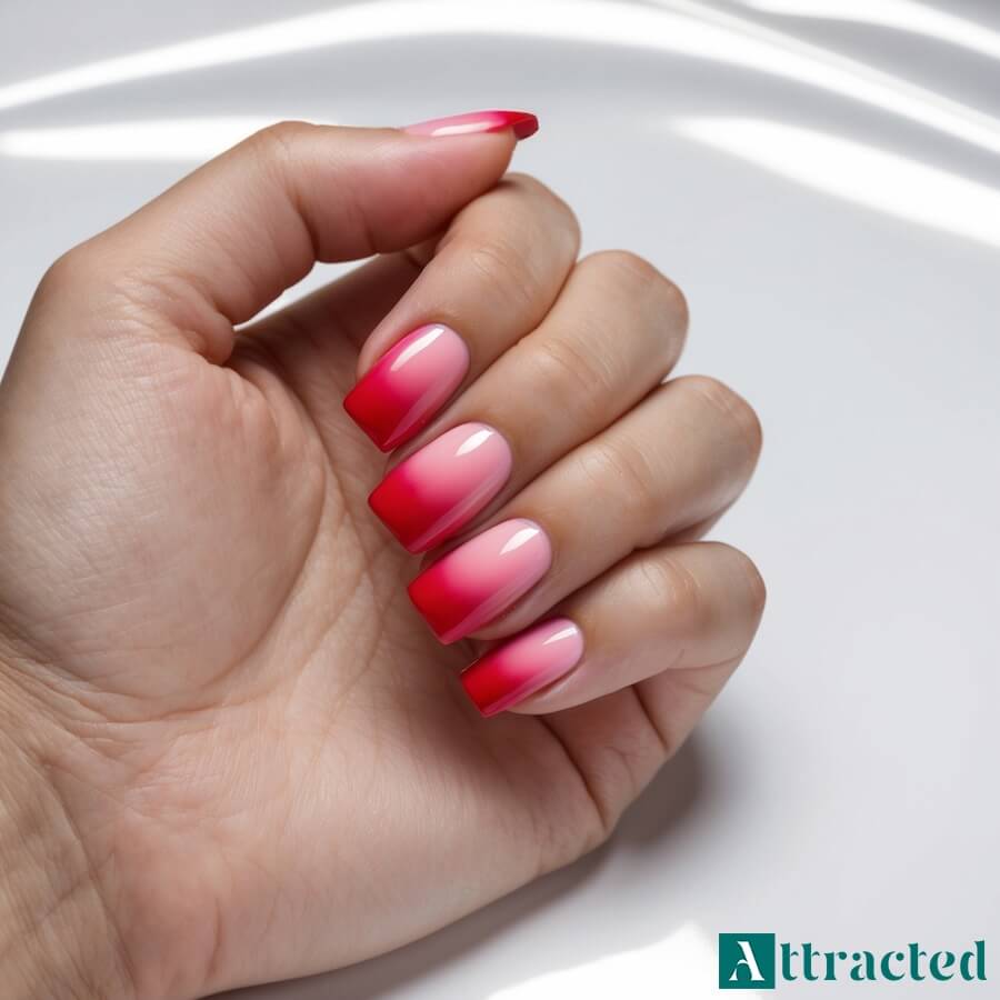 Czerwień wpadająca w róż manicure z kwadratowymi paznokciami