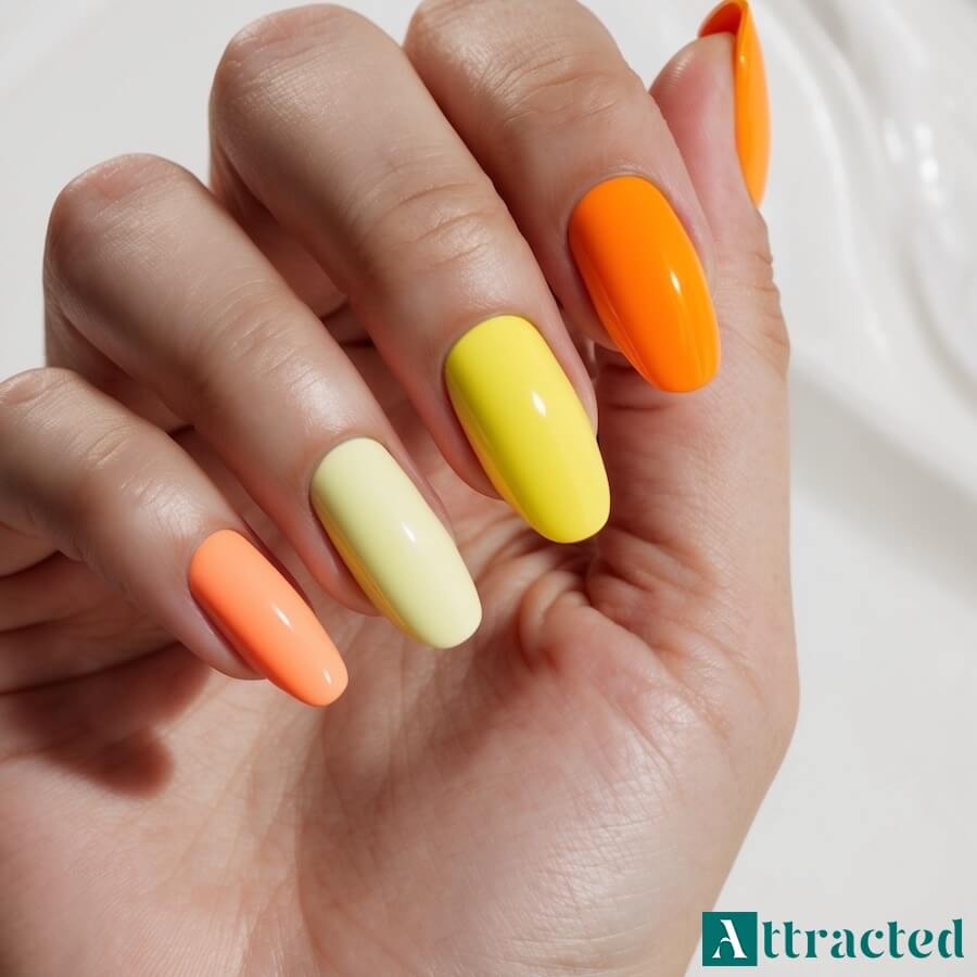 Prosty manicure w pomarańczowych i żółtych odcieniach