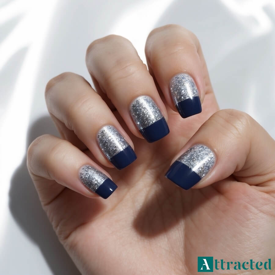 Granatowe paznokcie ze srebrnym akcentem