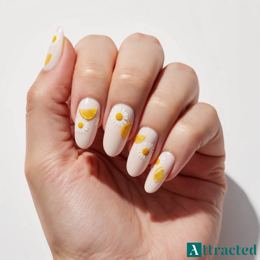 Kwiatowe motywy i owoce na paznokciach