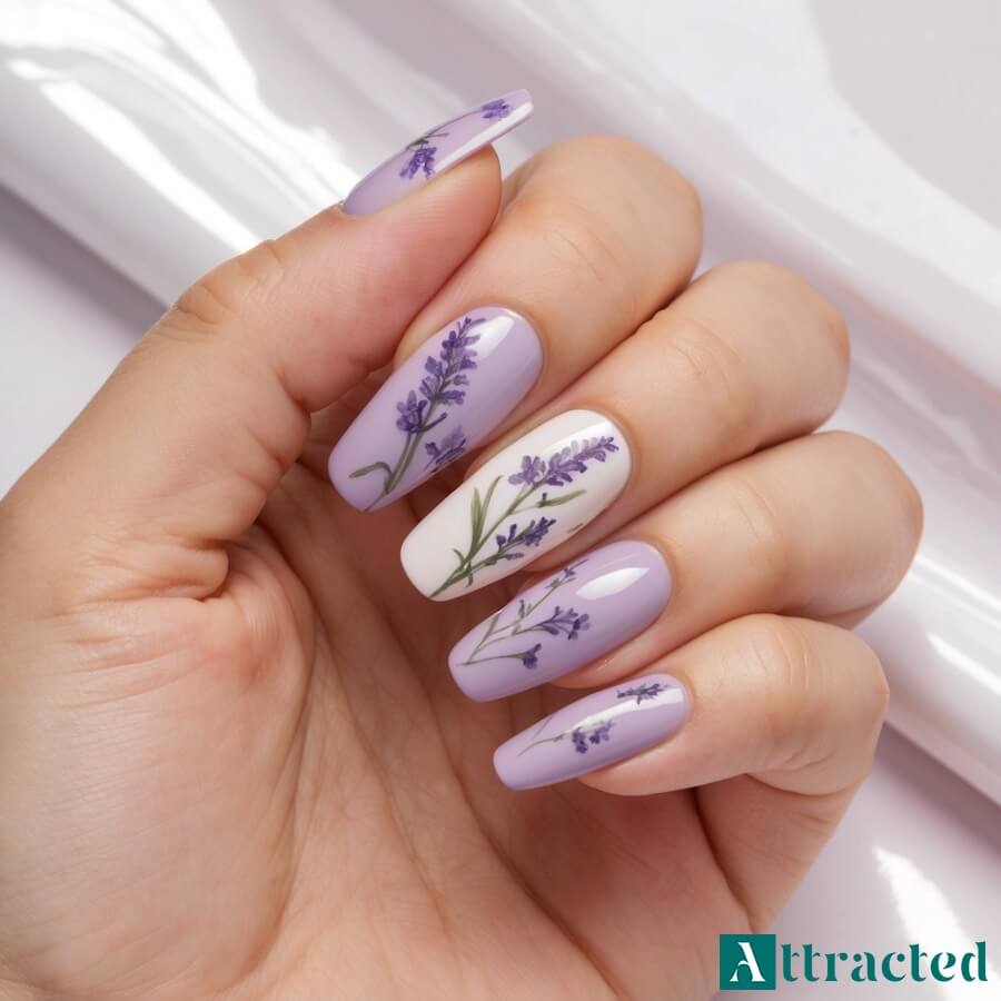 Lawendowy manicure w kwiatuszki i gałązki z motywem botanicznym