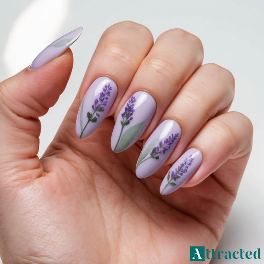 Lawendowy manicure w kwiatuszki i gałązki z motywem botanicznym - paznokcie