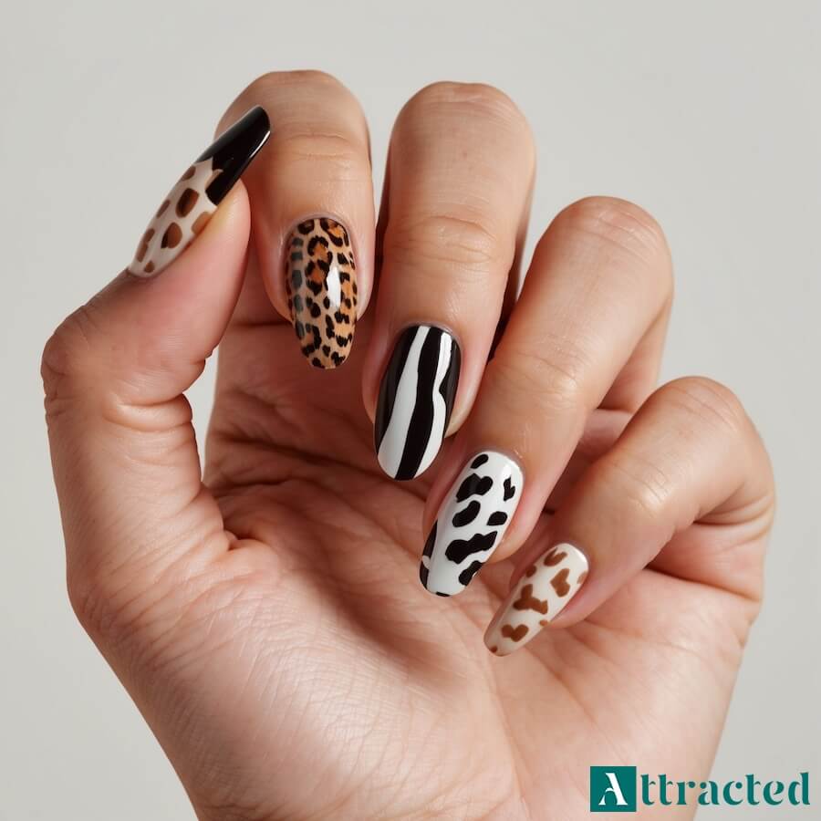 Mix zwierzęcych wzorów z panterką paznokcie