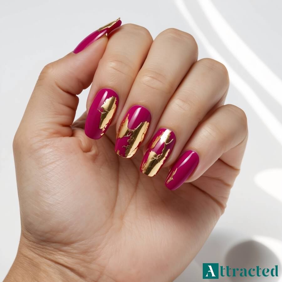 Paznokcie fuksja z foliowym złotem